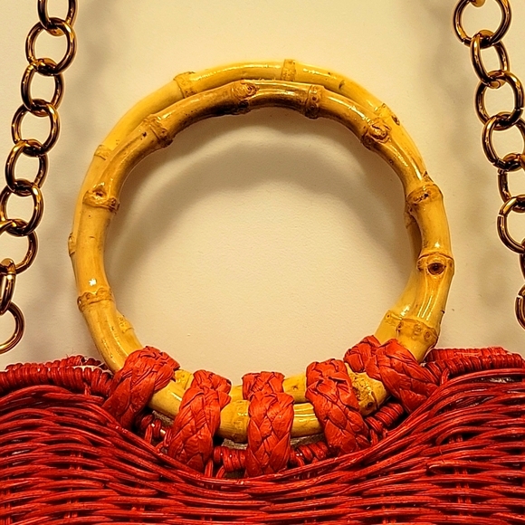 Zara Rattan City Bag Round Handles Fake Bamboo Removable Chain Crossbody Red - Picture 7 of 11